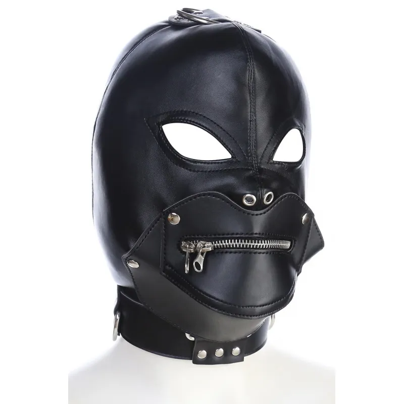 Фото KISSEXPO Черная БДСМ маска с замком для рта и ошейником