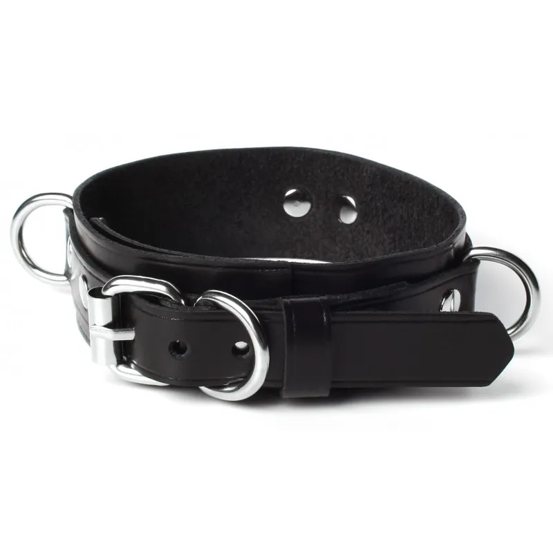 Изображение  Набор ошейник с поводком и наручники из черной матовой кожи
