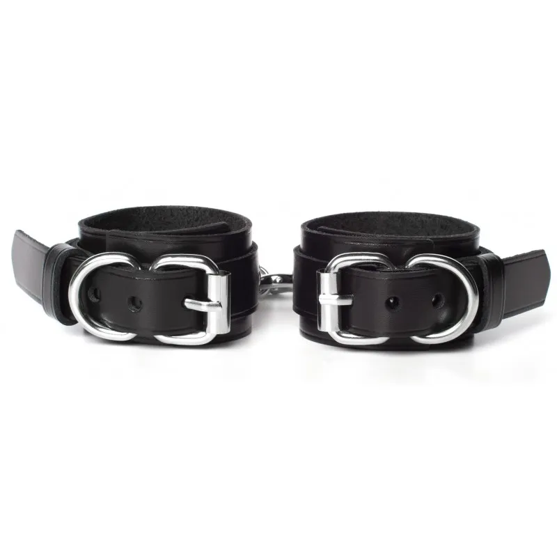 Изображение  Набор ошейник с поводком и наручники из черной матовой кожи