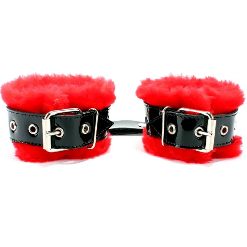 Изображение БДСМ Арсенал, Россия Набор фиксаторов (ошейник, поводок, оковы) из лакированной кожи с красным мехом