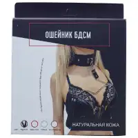Фото  Классический черный БДСМ ошейник с металлическим поводком