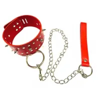 Изображение KISSEXPO Ошейник с шипами и поводком на цепочке красный