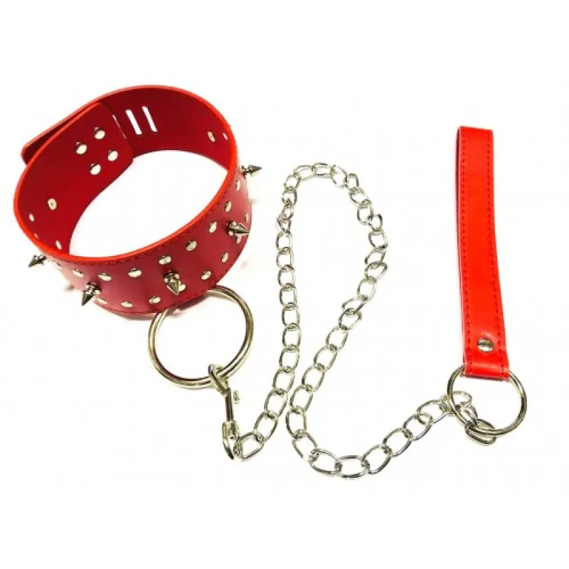 Изображение KISSEXPO Ошейник с шипами и поводком на цепочке красный