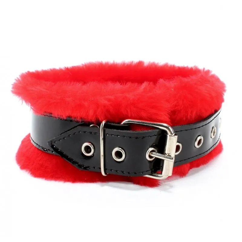 Изображение БДСМ Арсенал, Россия Набор фиксаторов (ошейник, поводок, оковы) из лакированной кожи с красным мехом