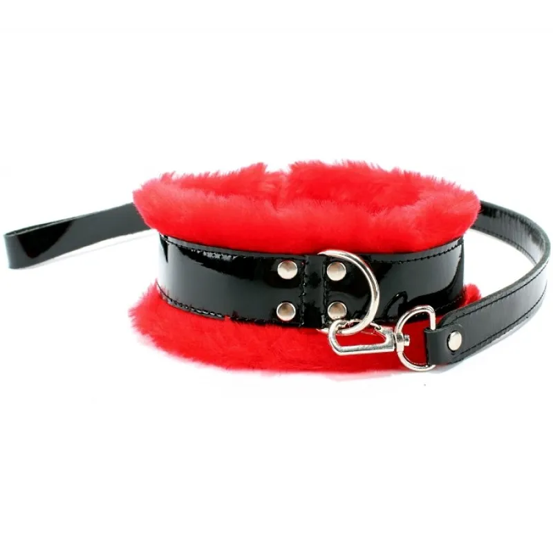 Изображение БДСМ Арсенал, Россия Набор фиксаторов (ошейник, поводок, оковы) из лакированной кожи с красным мехом