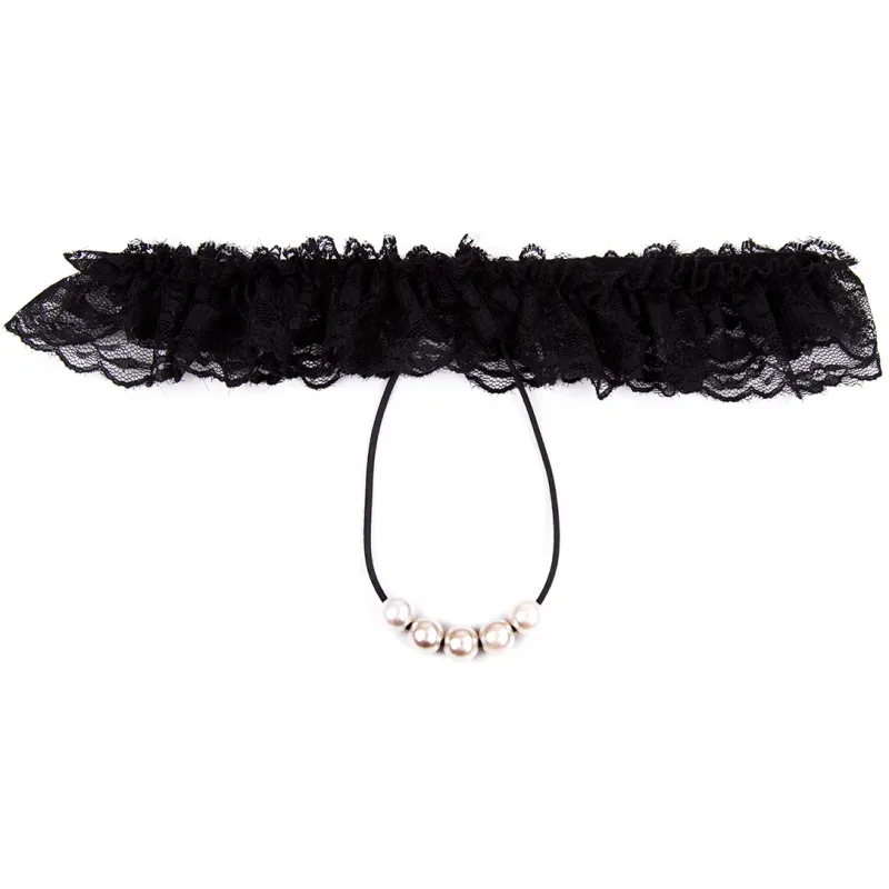 Изображение KISSEXPO Кружевные черные трусики с жемчужной нитью