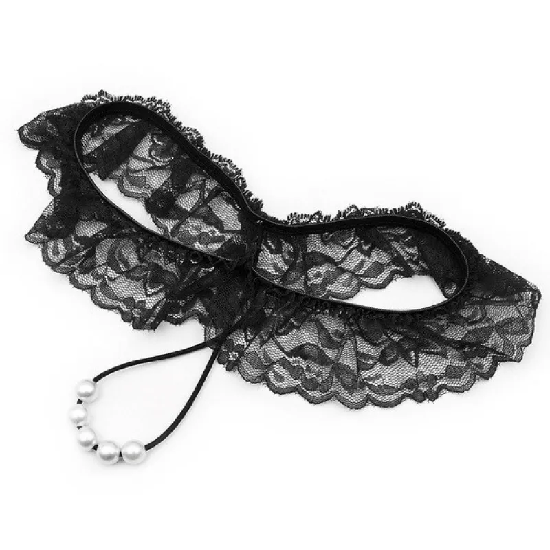 Изображение KISSEXPO Кружевные черные трусики с жемчужной нитью