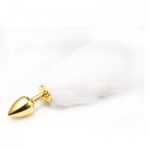 Фото KISSEXPO Анальная пробка с белым хвостиком Anal Plug White Tail Gold S
