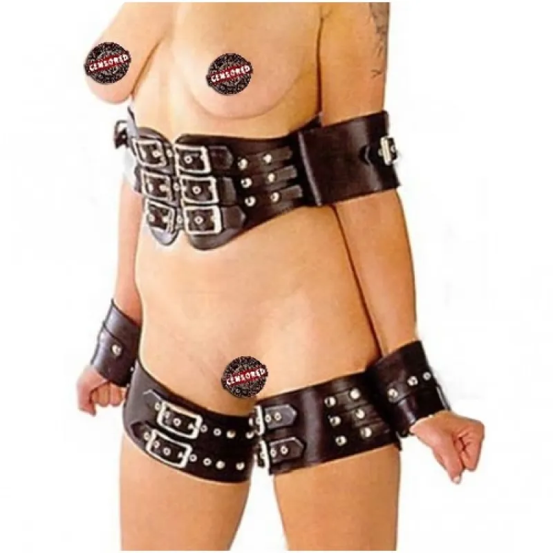 Фото HSY, Китай Кожаный бондаж рук к бёдрам и локтей к талии