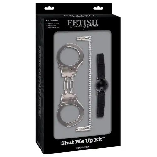 Изображение PipeDream, США Фетиш набор FF Limited Edition Shut Me Up Kit Black (наручники, зажимы, кляп)