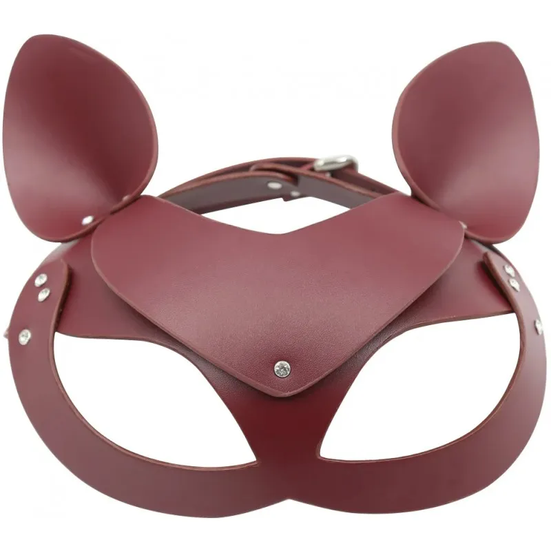 Изображение KISSEXPO Кожаная бордовая маска Кошка декорированная стразами