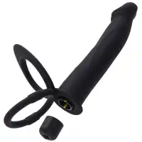 Изображение TOYFA Basic Черная вибронасадка на пенис для двойного проникновения BlackRed by Toyfa 19 см