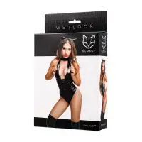 Фото  Боди Glossy Kitti с ушками на ободке из материала Wetlook, черное, XL