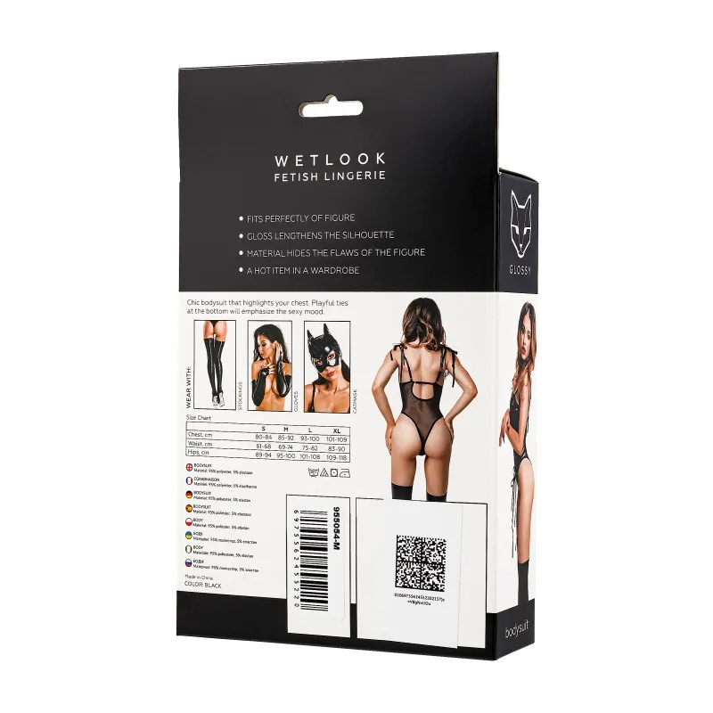 Фото Erolanta Glossy Боди Glossy Amilia на шнуровке из материала Wetlook, черное, M