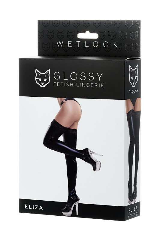 Фото Erolanta Glossy Чулки Glossy ELIZA из материала Wetlook со вставкой из кружева, черный, L