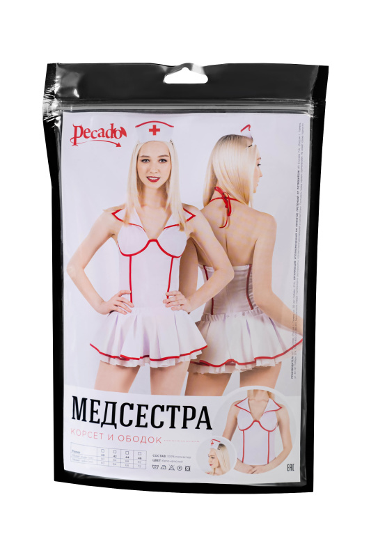 Изображение PECADO B.D.S.M Верхняя часть костюма «Медсестра», Pecado BDSM, корсет, головной убор, бело-красный, 40