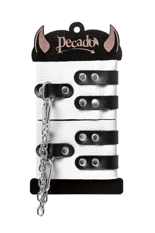 Фото PECADO B.D.S.M Оковы Pecado BDSM, мягкие, с двумя ремешками, с люверсами, натуральная кожа, бело-чёрные