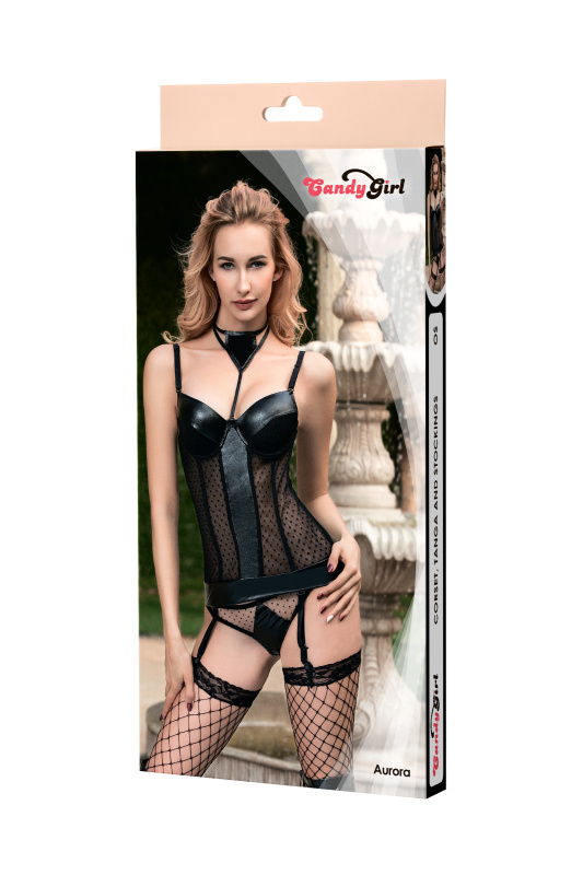 Фото Candy Girl, Гонконг Корсет, танга и чулки Candy Girl Aurora, Wetlook, сетка, черный, OS