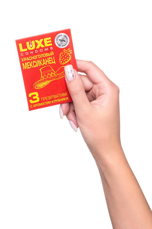Фото Luxe Презервативы Luxe, конверт «Красноголовый мексиканец», латекс, клубника, 18 см, 5,2 см, 3 шт.