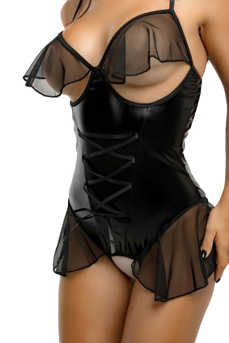 Erolanta Glossy Боди SABRINA из материала Wetlook с интимным доступом и открытым декольте, черное, S