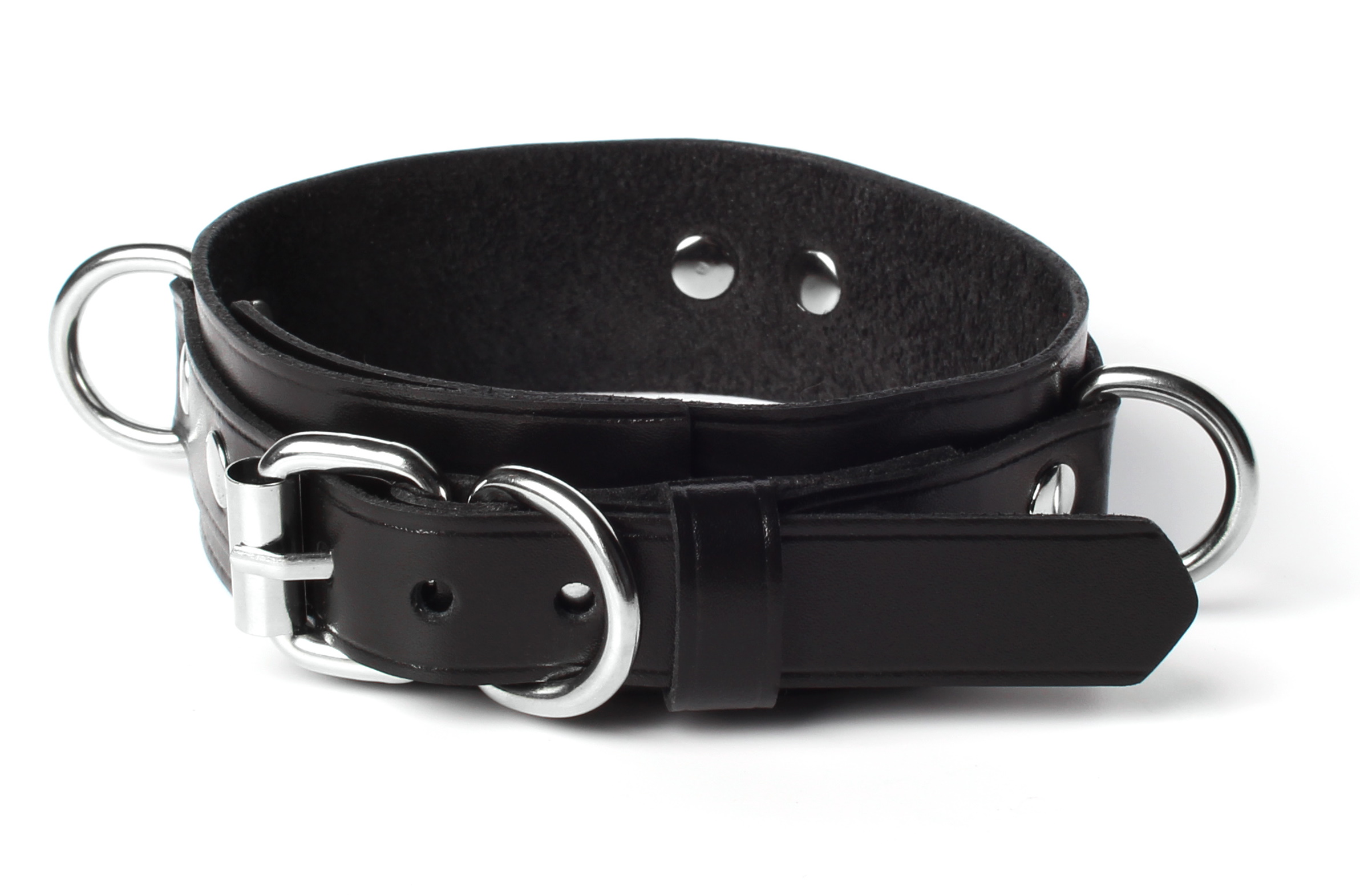 Фото  Кожаный набор ошейник с поводком и наручники черный
