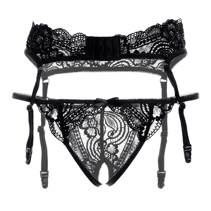 Изображение Erolanta Lingerie Эротический комплект: пояс для чулок и трусики с доступом черные р-р 50-52