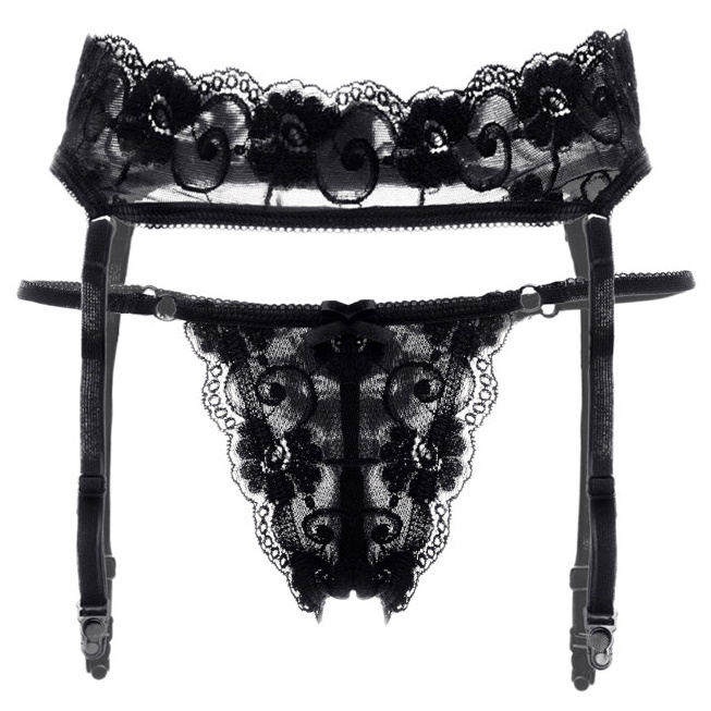 Фото Erolanta Lingerie Эротический комплект: пояс для чулок и трусики кружевные черные р-р 50-52