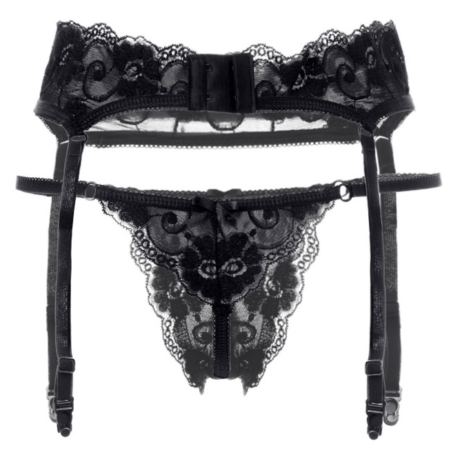 Фото Erolanta Lingerie Эротический комплект: пояс для чулок и трусики кружевные черные р-р 50-52