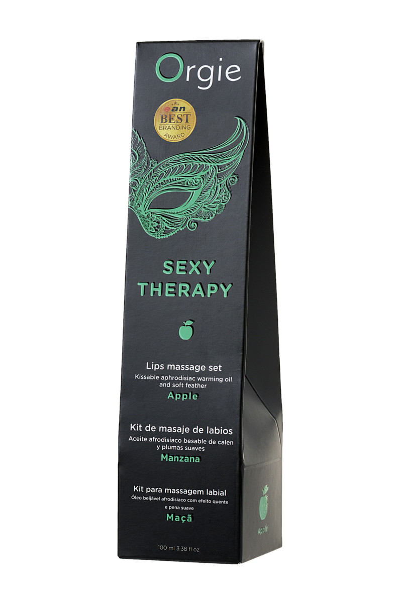Изображение Orgie, Португалия Комплект для сладких игр Orgie Lips Massage со вкусом яблока (сладкое массажное масло и перо), 100 мл