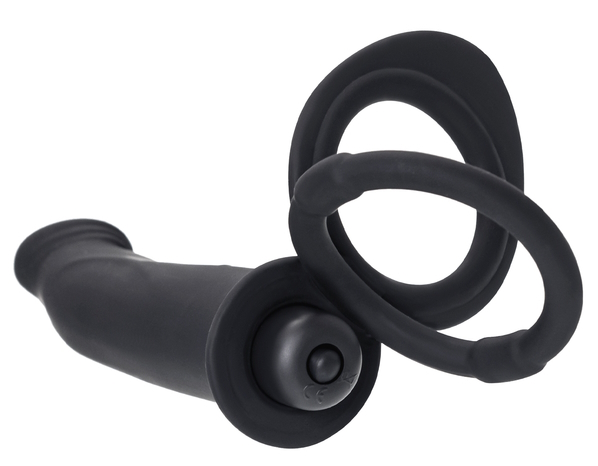 Изображение TOYFA Basic Черная вибронасадка на пенис для двойного проникновения BlackRed by Toyfa 19 см