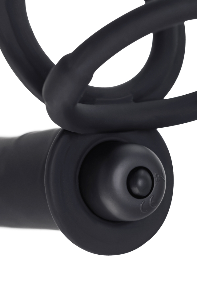 Изображение TOYFA Basic Черная вибронасадка на пенис для двойного проникновения BlackRed by Toyfa 19 см