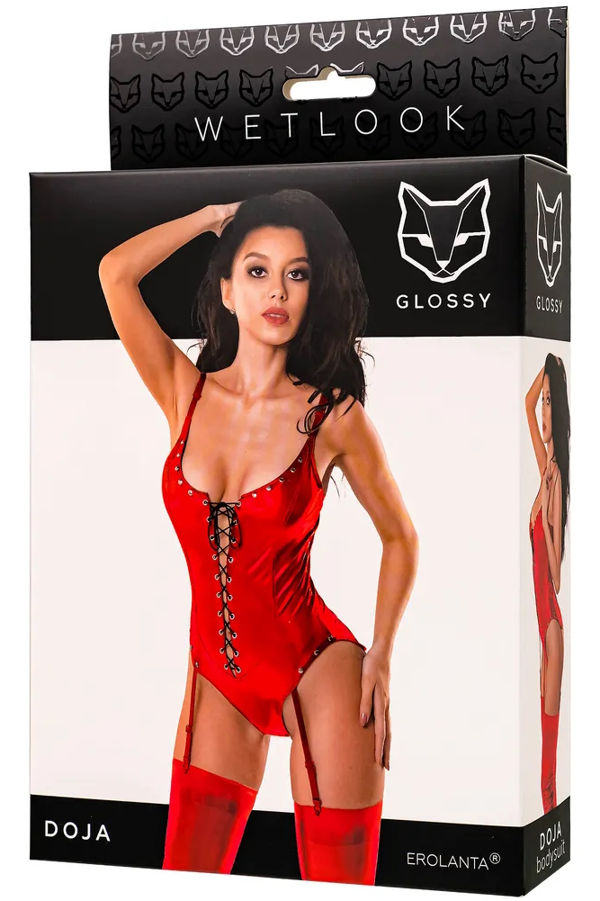 Фото Glossy, Китай Возбуждающее красное боди с пажами Glossy Doja из материала Wetlook размер L