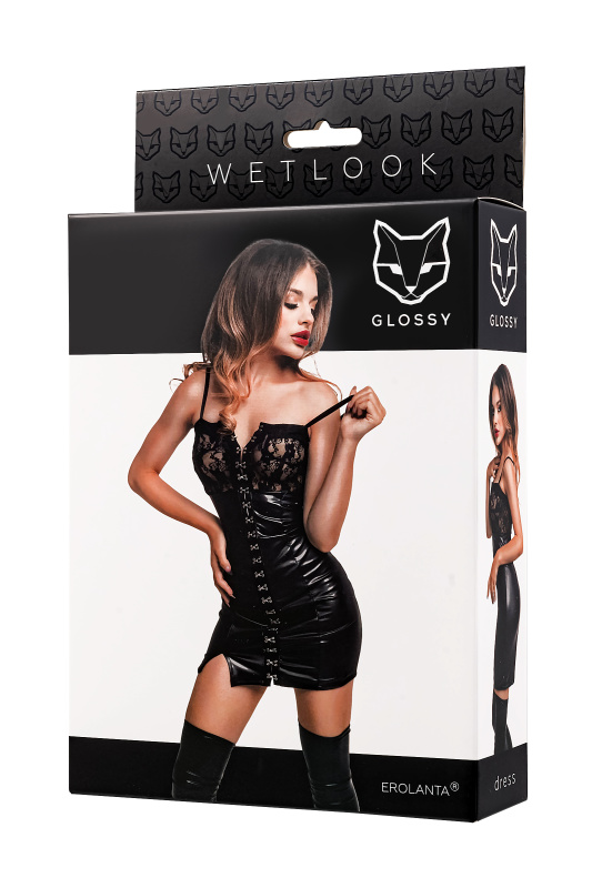Фото  Платье Glossy Nelly с кружевом из материала Wetlook, черное, XL