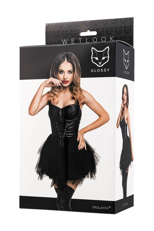 Платье Glossy Elisia с пышной юбкой из материала Wetlook, черное, XL — купить в Минске Фото Платье Glossy Elisia с пышной юбкой из материала Wetlook, черное, XL