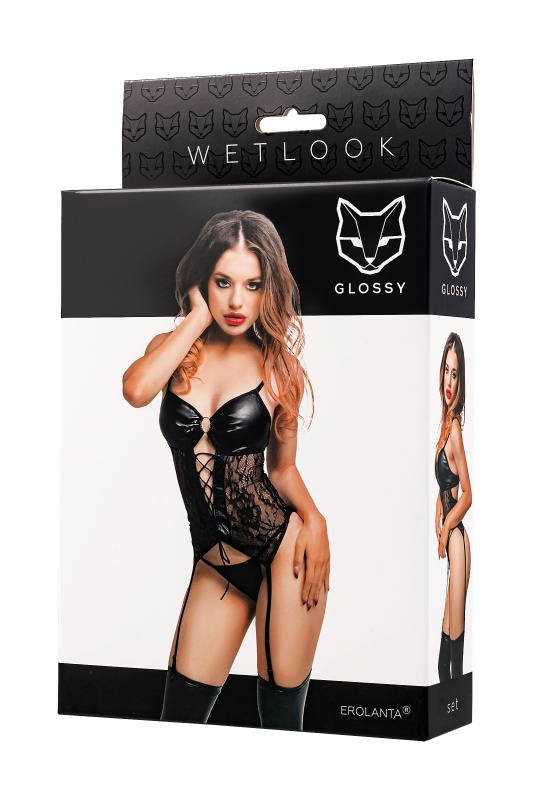 Изображение  Комплект Glossy Miriam топ на шнуровке и трусики из материала Wetlook, черный, L