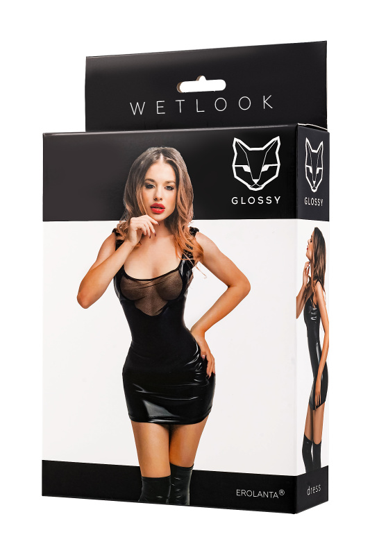 Изображение  Платье Glossy Rimma с сеточкой из материала Wetlook, черное, L
