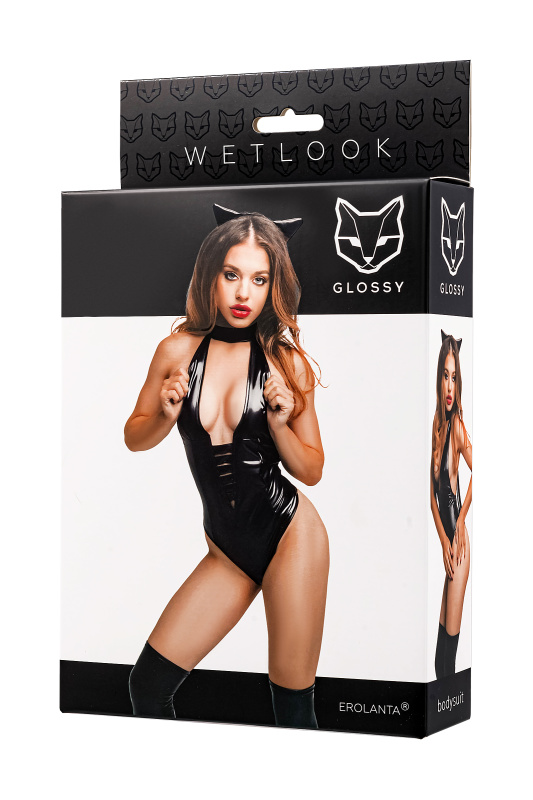 Фото  Боди Glossy Kitti с ушками на ободке из материала Wetlook, черное, XL