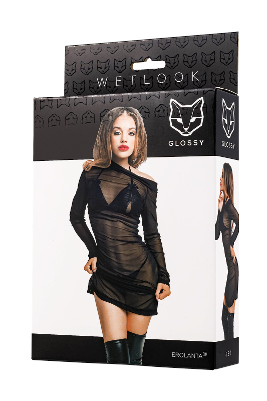 Изображение  Комплект Glossy Sheril платье сетка, лиф и трусики из материала Wetlook, черный, XL